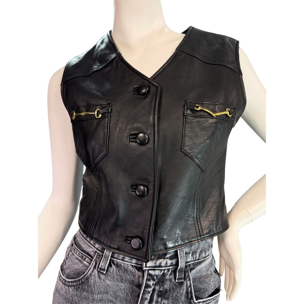 Rem Garson Vintage Black Leather Button Vest Cropped w/ Horsebit Hardware Size M